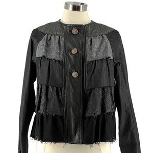 Grownbeans Karen Groner 80's Vintage Black Leather Mixed Fabric Tiered Jacket M